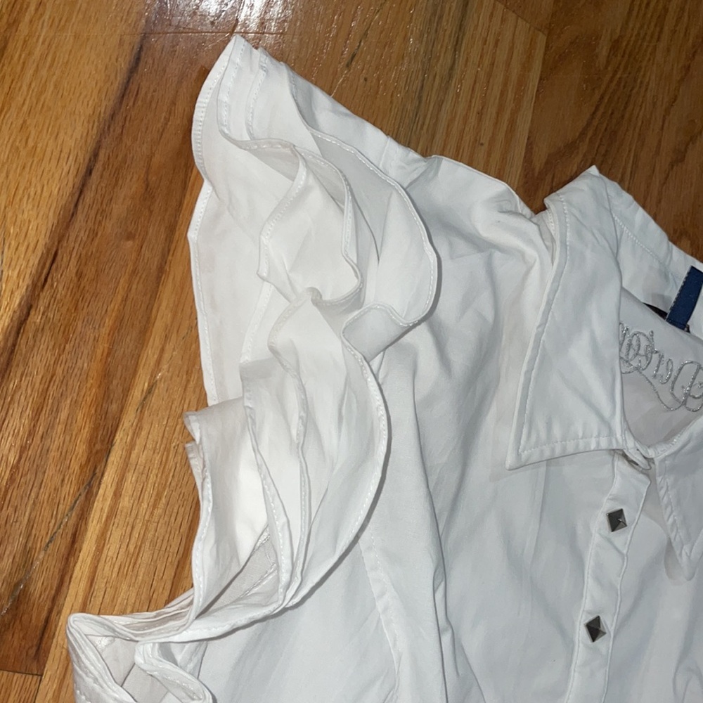 NEW Dereon White Stretch Poplin Snap down shirt ruffle sleeve PLUS 1X - Picture 7 of 15